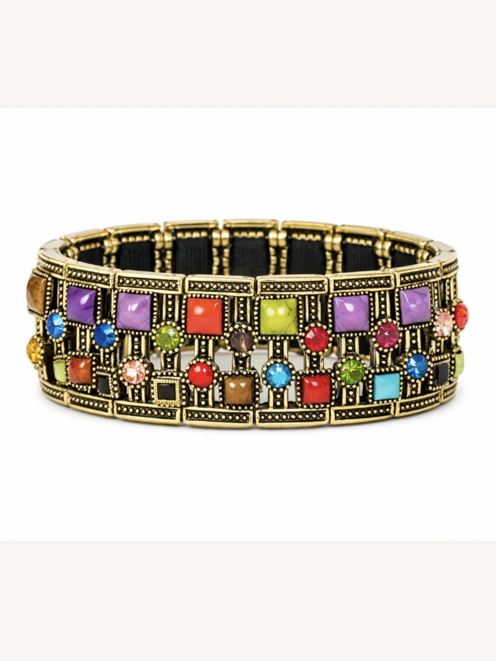 Vintage‑Style Multicolor Gemstone Stretch Bracelet – Gold‑Tone Metal with Vibran